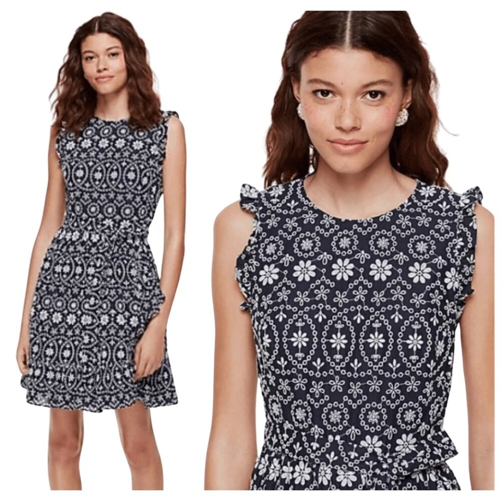Kate Spade Shore Thing Eyelet Wrap Dress Rich Navy Blue Fresh White Size 10